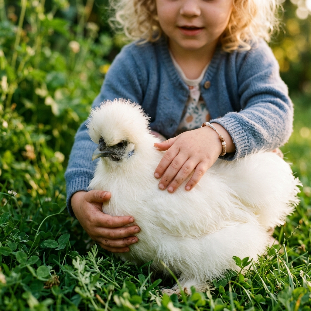 Niña interactuando con gallina Silkie blanca